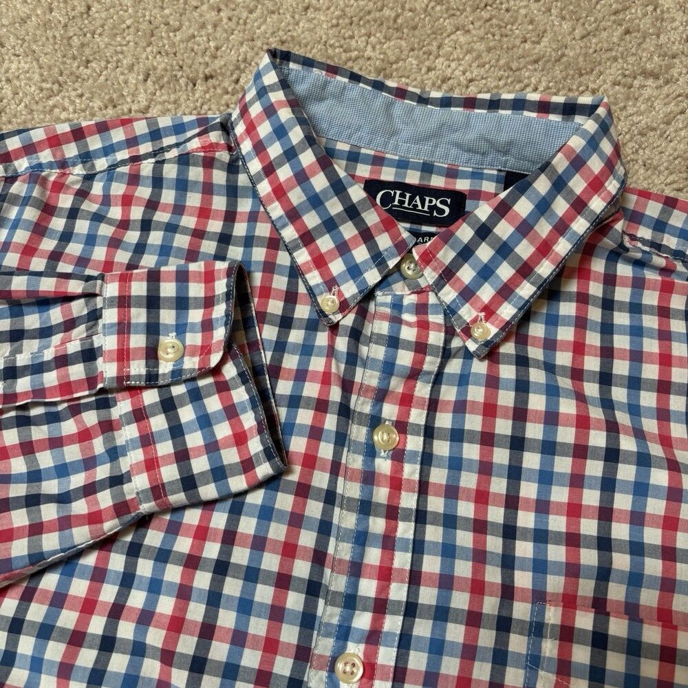 Chaps Easy Care XL Red/White/Blue Checkered Long Sleeve Button-Down Shirt